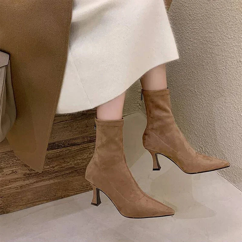 Women's Faux Leather Ankle Boots - Stretch Fit Mid Heel