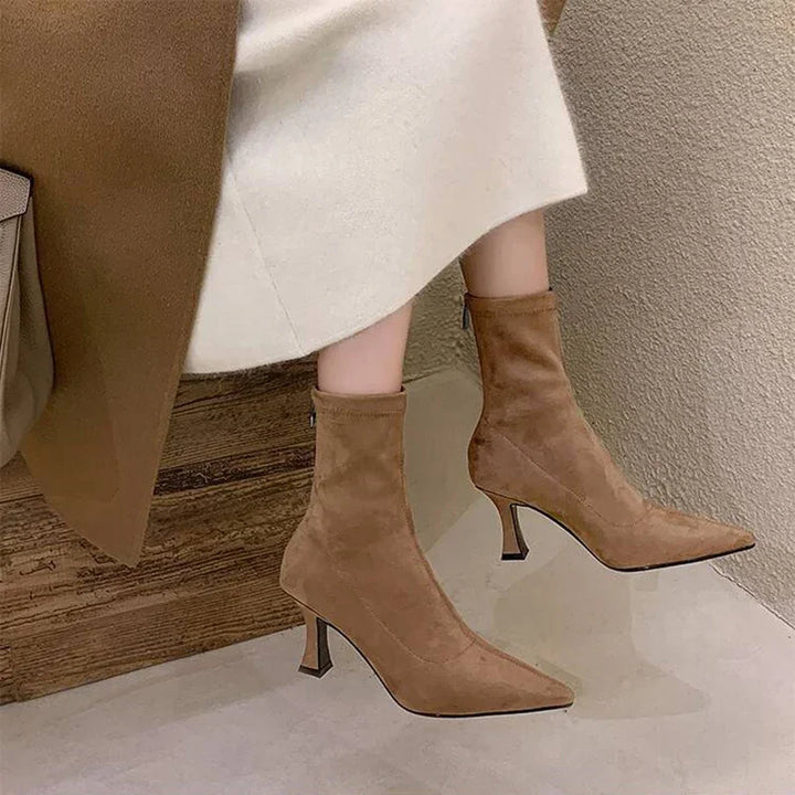 Women's Faux Leather Ankle Boots - Stretch Fit Mid Heel