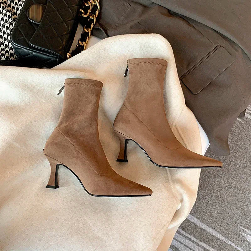 Women's Faux Leather Ankle Boots - Stretch Fit Mid Heel