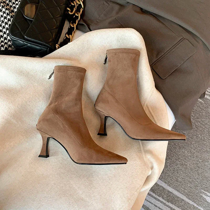 Women's Faux Leather Ankle Boots - Stretch Fit Mid Heel