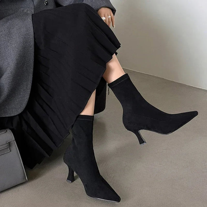 Women's Faux Leather Ankle Boots - Stretch Fit Mid Heel