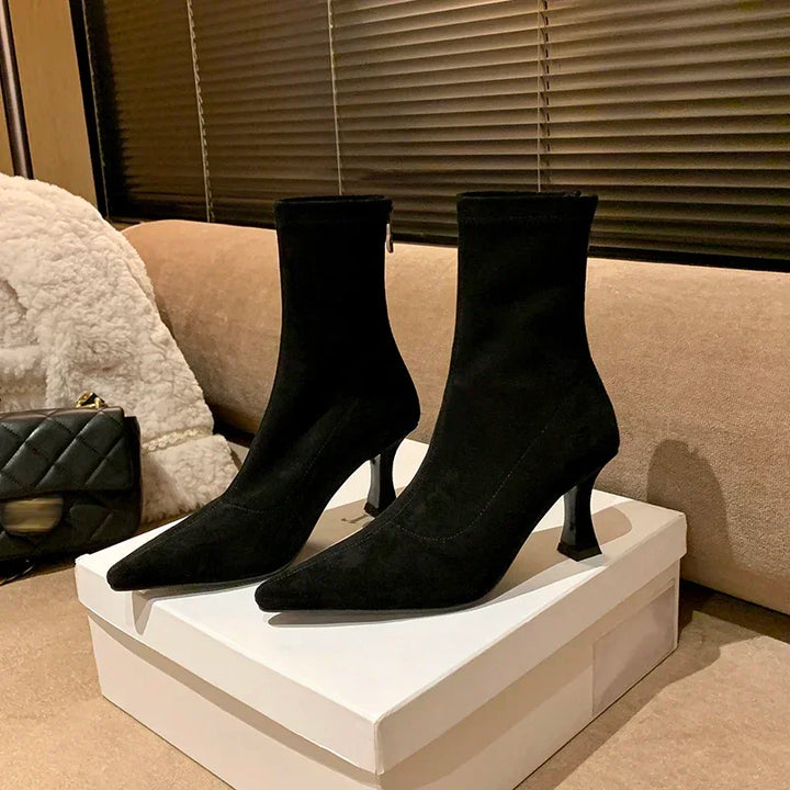 Women's Faux Leather Ankle Boots - Stretch Fit Mid Heel