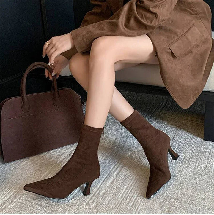 Women's Faux Leather Ankle Boots - Stretch Fit Mid Heel