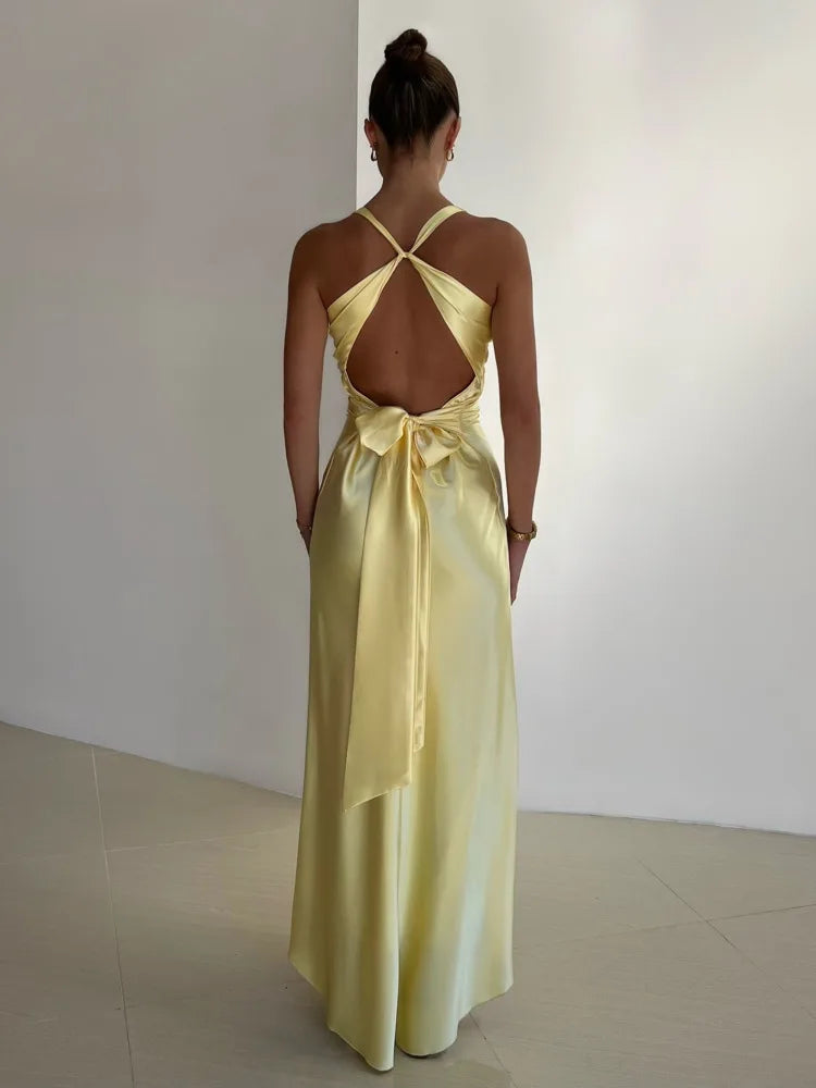Women's Satin Halter Neck Maxi Dress - Evening Occasion