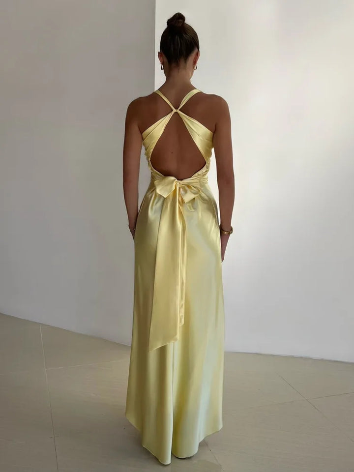 Women's Satin Halter Neck Maxi Dress - Evening Occasion