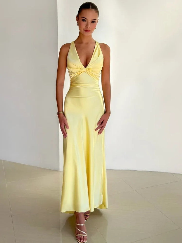 Women's Satin Halter Neck Maxi Dress - Evening Occasion
