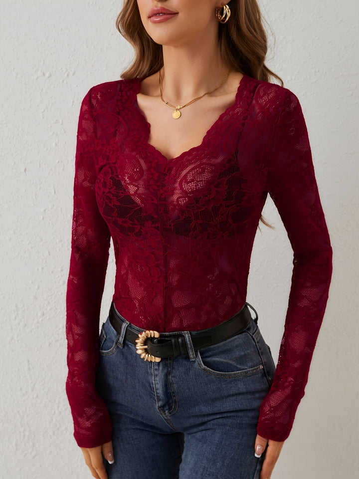 Women's Lace V-Neck Top - Slim Fit Long Sleeve