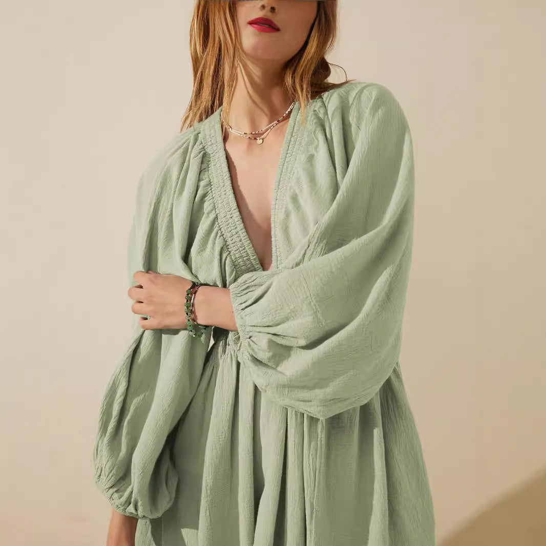 Women's V-Neck Mini Dress - Long Sleeve - Relaxed Fit