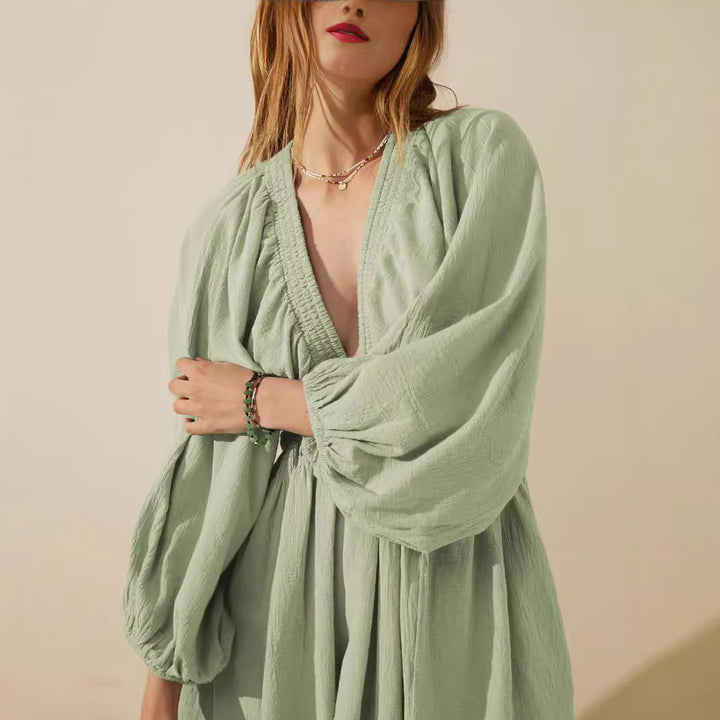 Women's V-Neck Mini Dress - Long Sleeve - Relaxed Fit