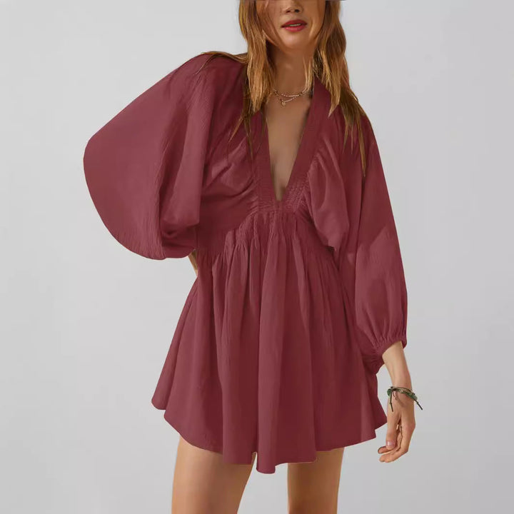 Women's V-Neck Mini Dress - Long Sleeve - Relaxed Fit