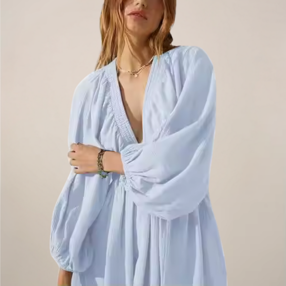 Women's V-Neck Mini Dress - Long Sleeve - Relaxed Fit