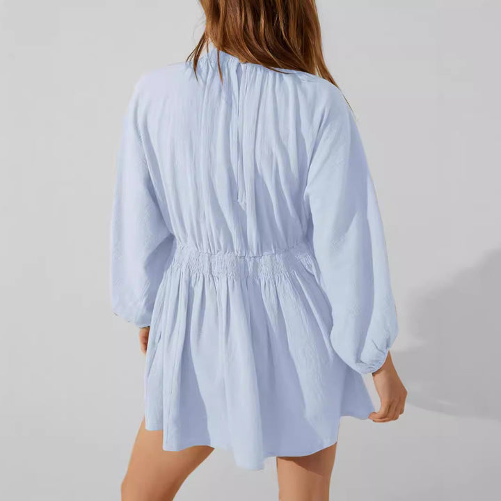 Women's V-Neck Mini Dress - Long Sleeve - Relaxed Fit