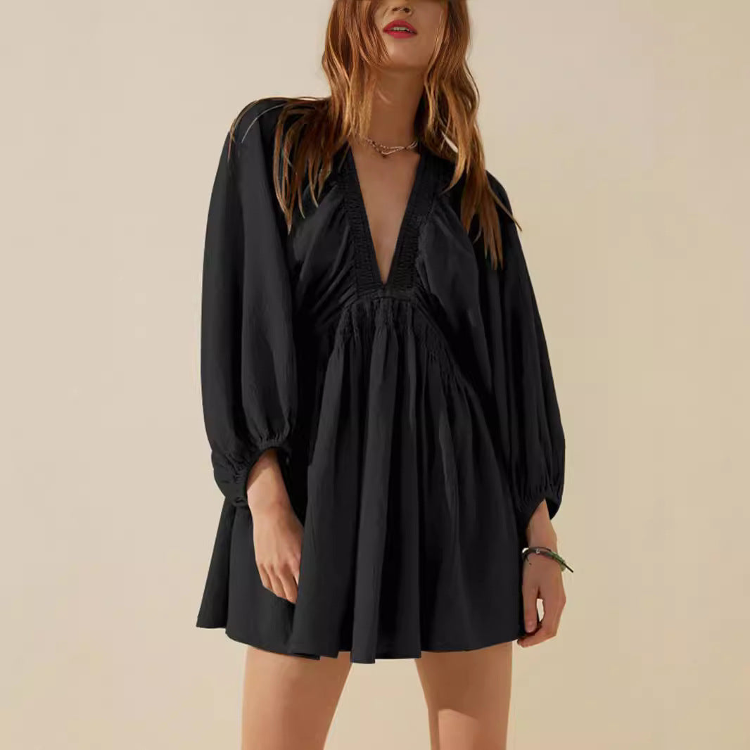 Women's V-Neck Mini Dress - Long Sleeve - Relaxed Fit
