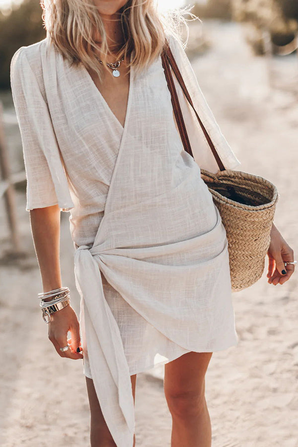 Women's Wrap Linen Mini Dress - Summer Casual