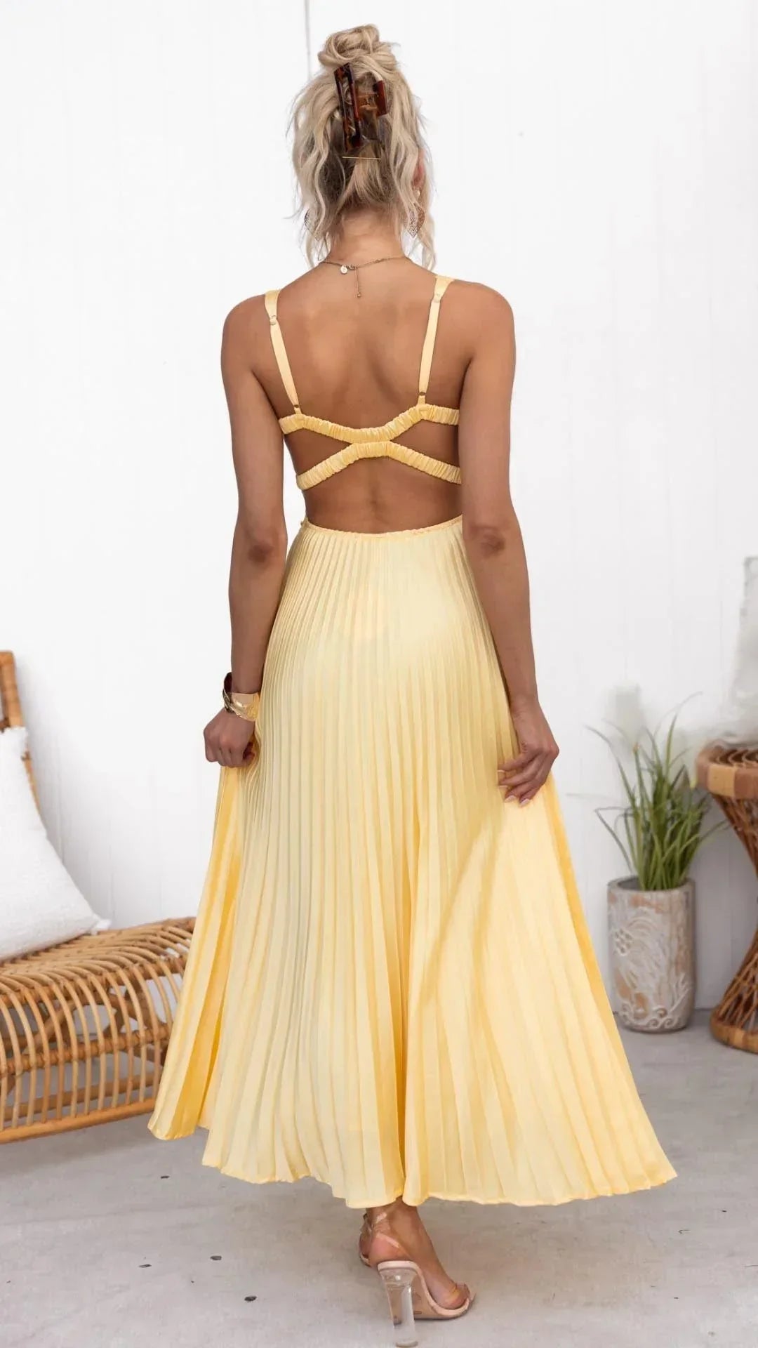 Women's Pleated Maxi Dress - Elegant Back-Strap