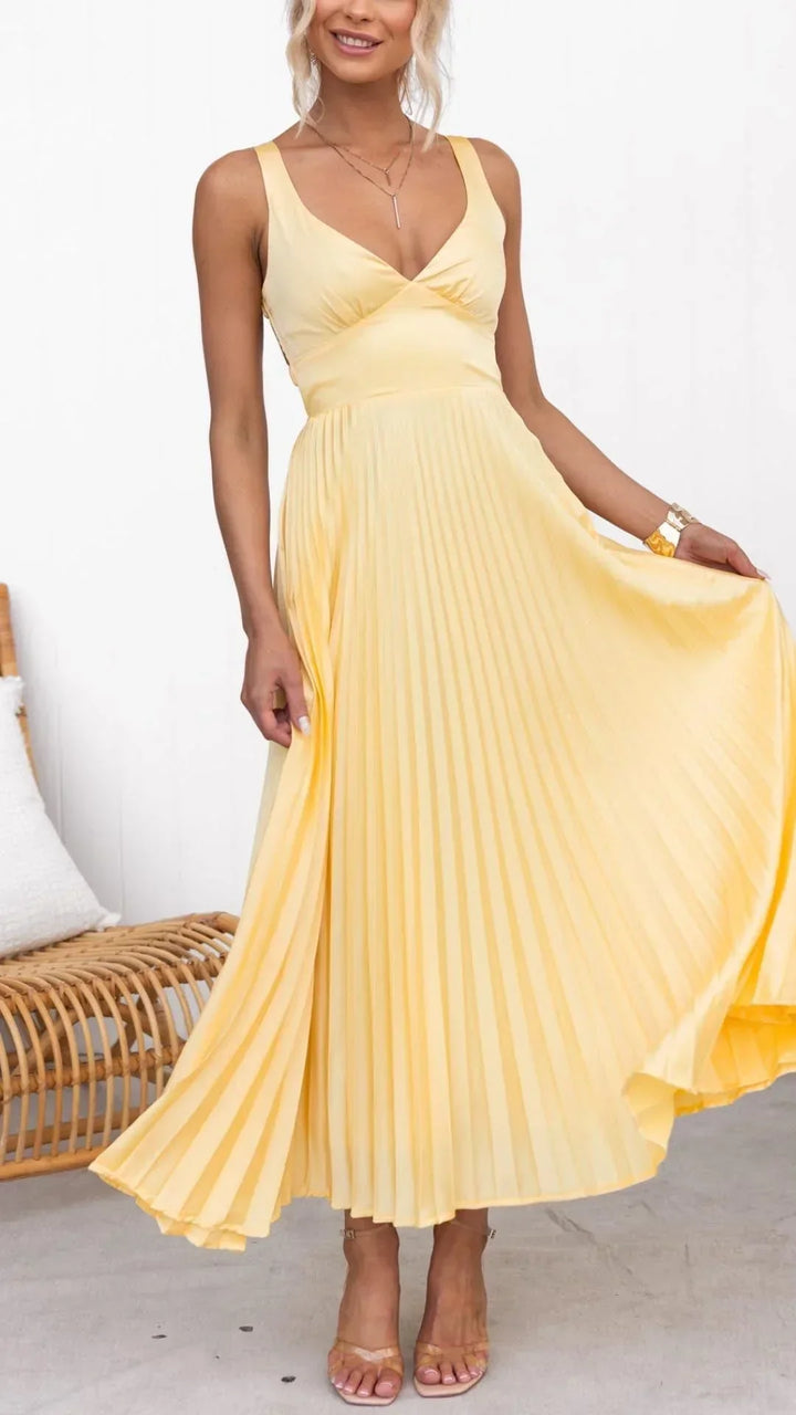 Women's Pleated Maxi Dress - Elegant Back-Strap