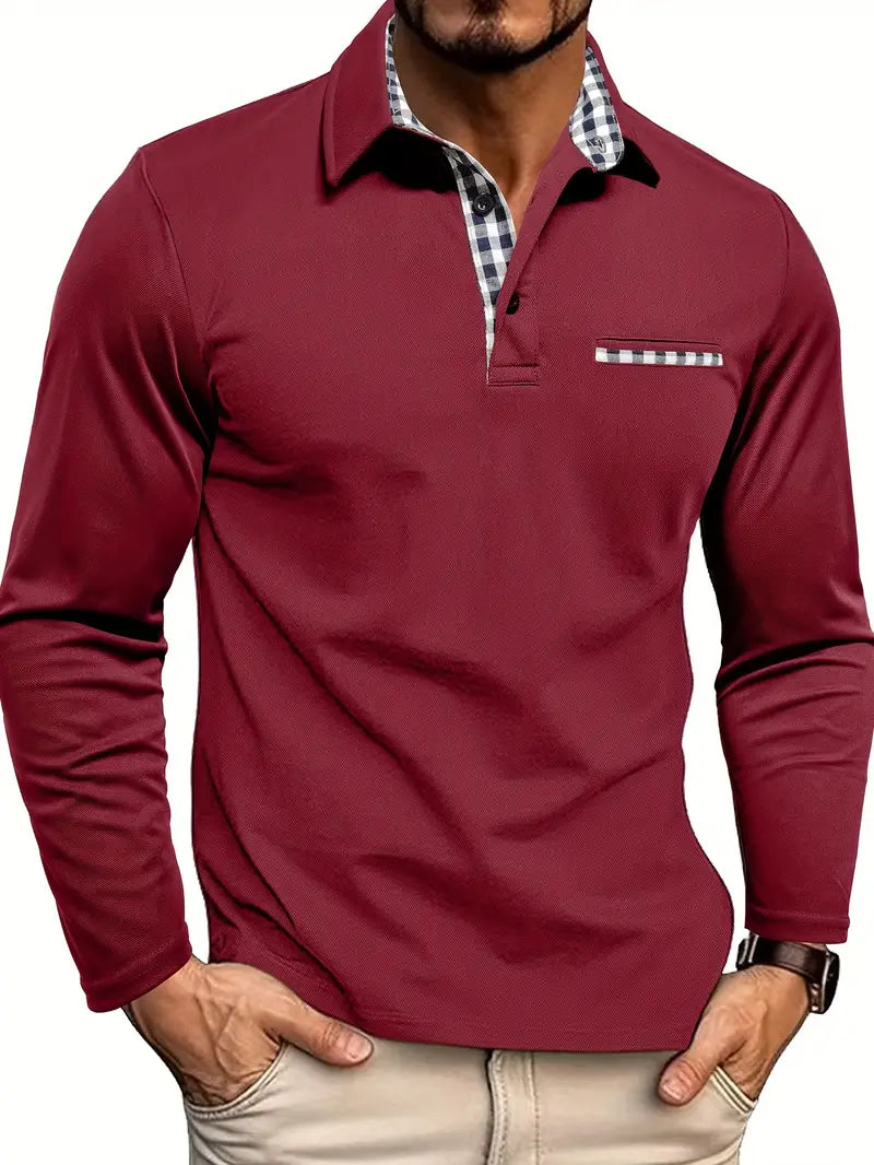 Men's Check Pattern Long Sleeve Polo Shirt - Relaxed Fit