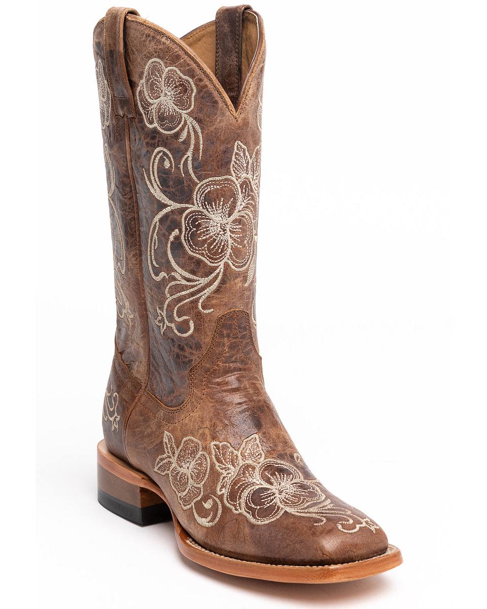 Women's Floral Embroidered Western Boots - Broad Square Toe