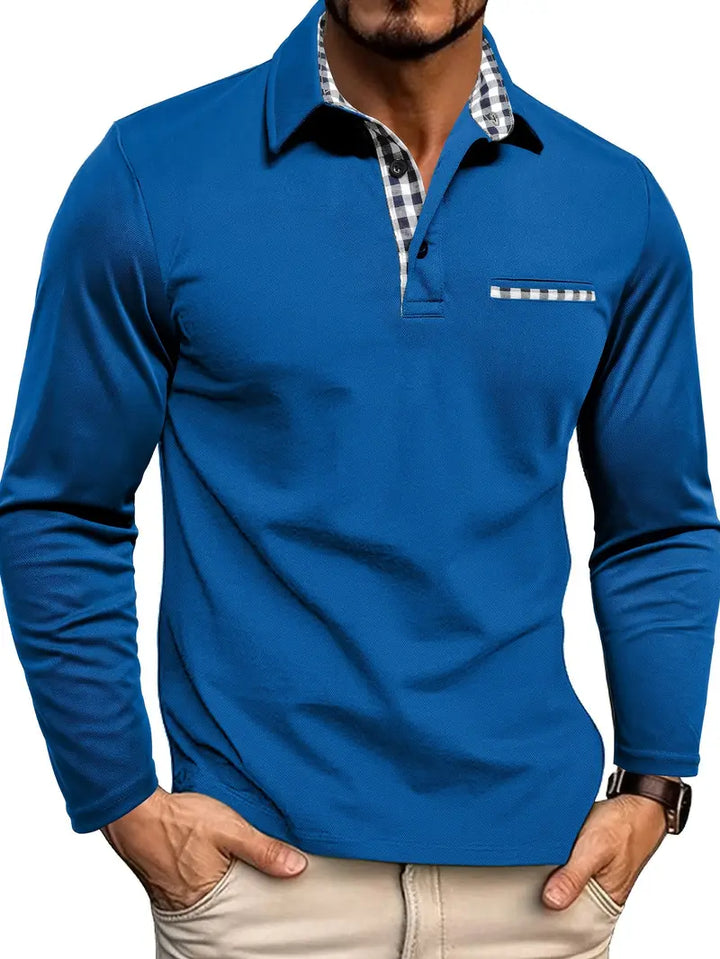 Men's Check Pattern Long Sleeve Polo Shirt - Relaxed Fit
