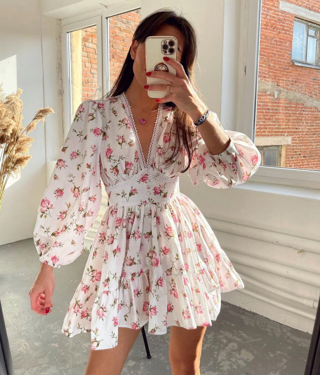 Carolyn | Women's Long Sleeve V-Neck A-Line Mini Dress