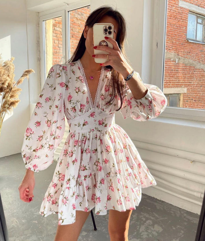 Carolyn | Women's Long Sleeve V-Neck A-Line Mini Dress