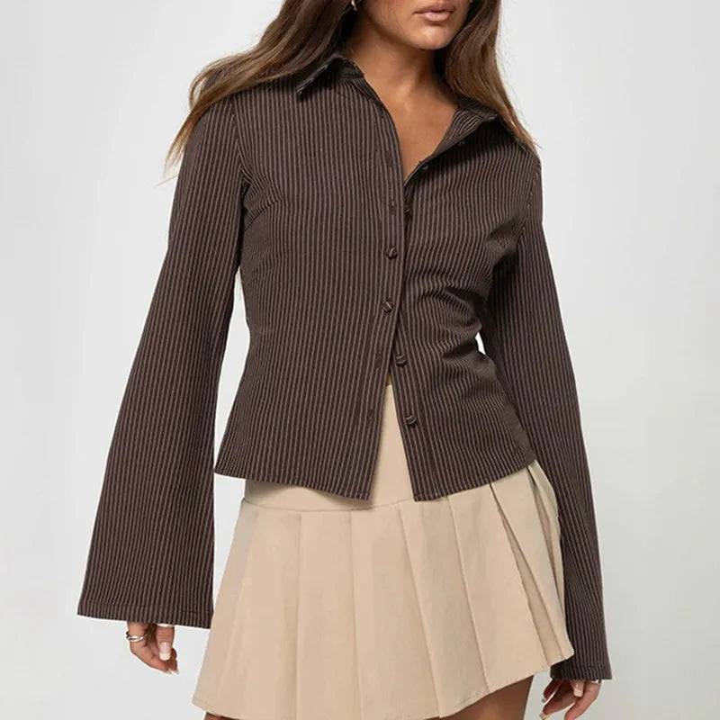 Women's Ribbed Stripe Blouse - Long Sleeve Relaxed Fit
