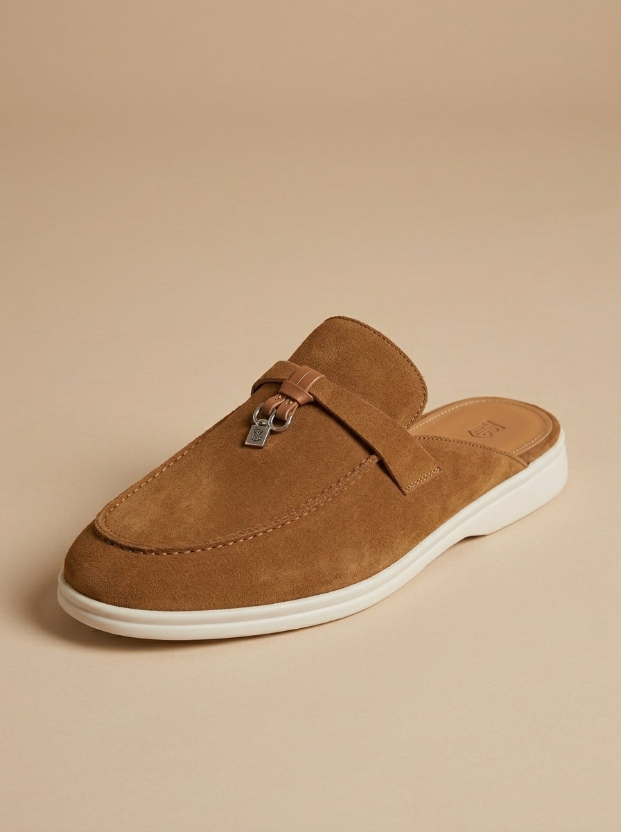 Men's Suede Mule Loafers - Open Back - Flat Sole