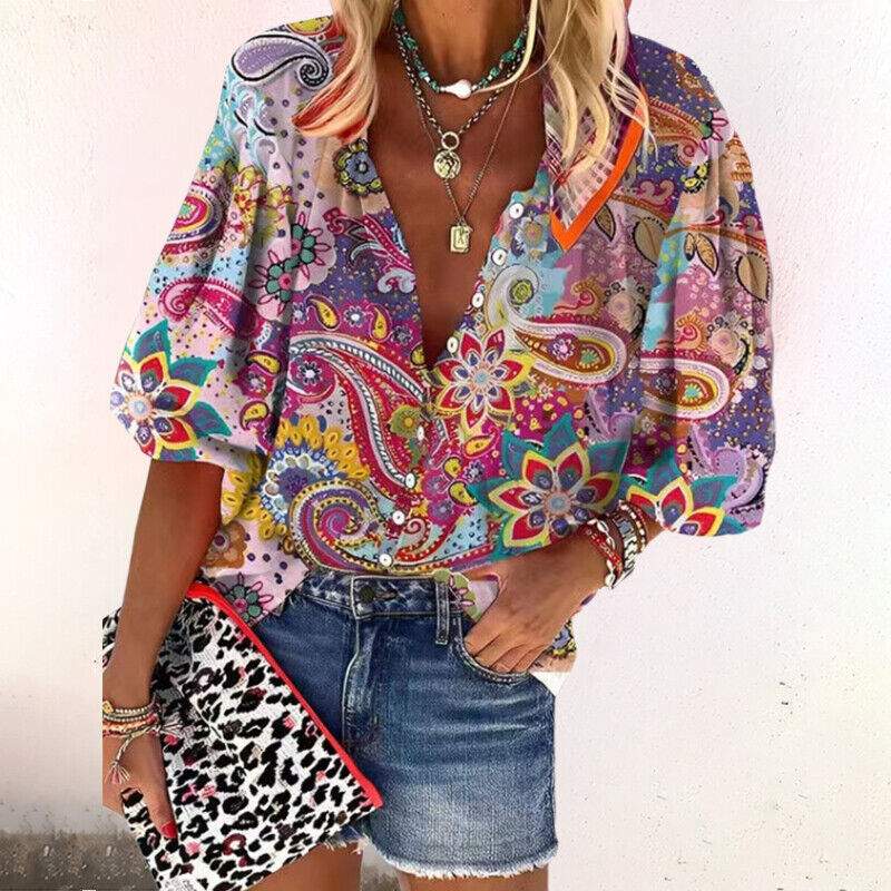 Crystal | Women's Floral Print Button-Up Blouse, Casual