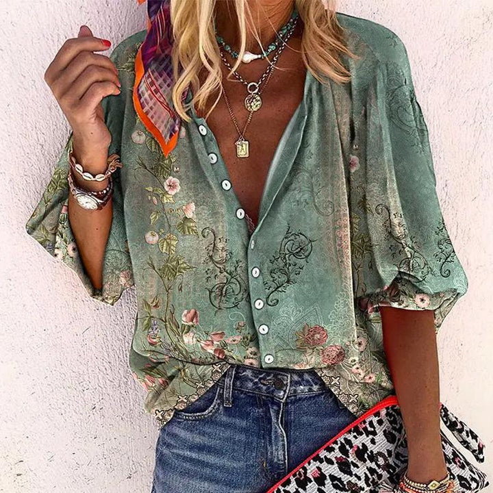 Crystal | Women's Floral Print Button-Up Blouse, Casual