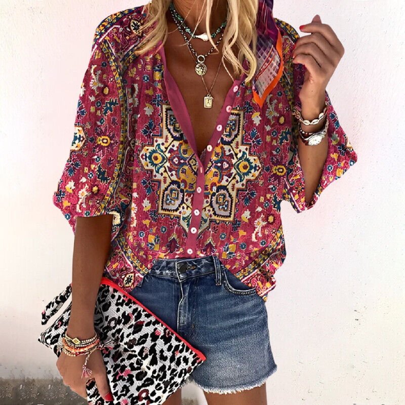 Crystal | Women's Floral Print Button-Up Blouse, Casual