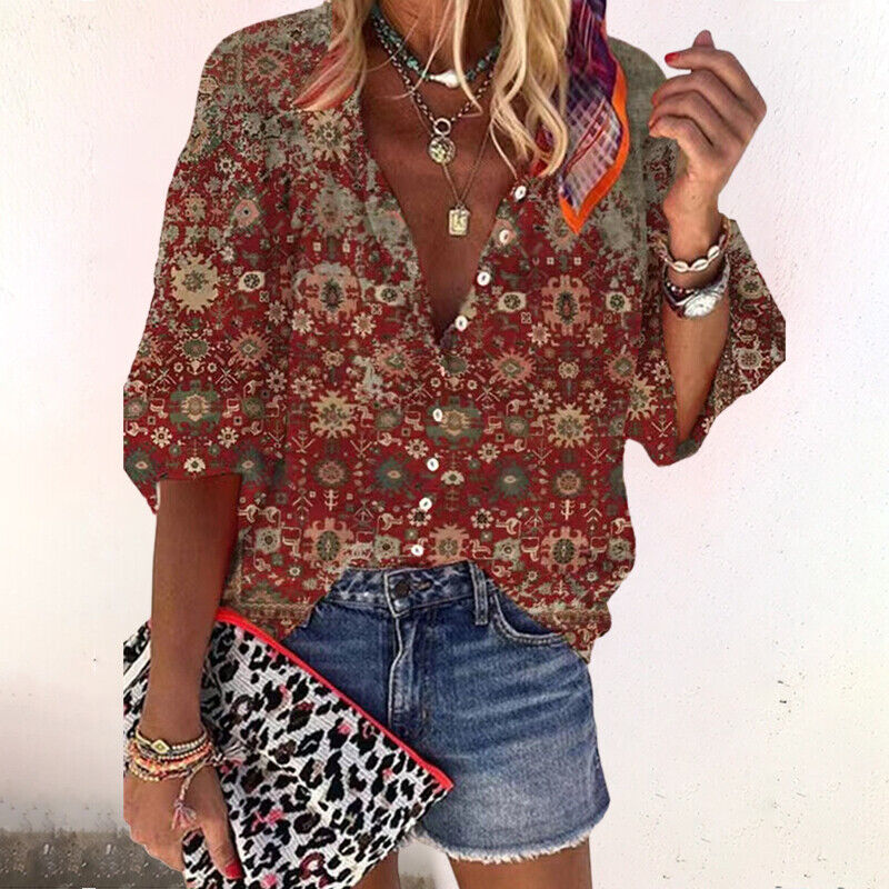 Crystal | Women's Floral Print Button-Up Blouse, Casual