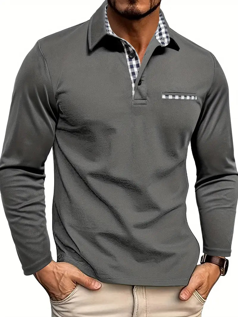 Men's Check Pattern Long Sleeve Polo Shirt - Relaxed Fit