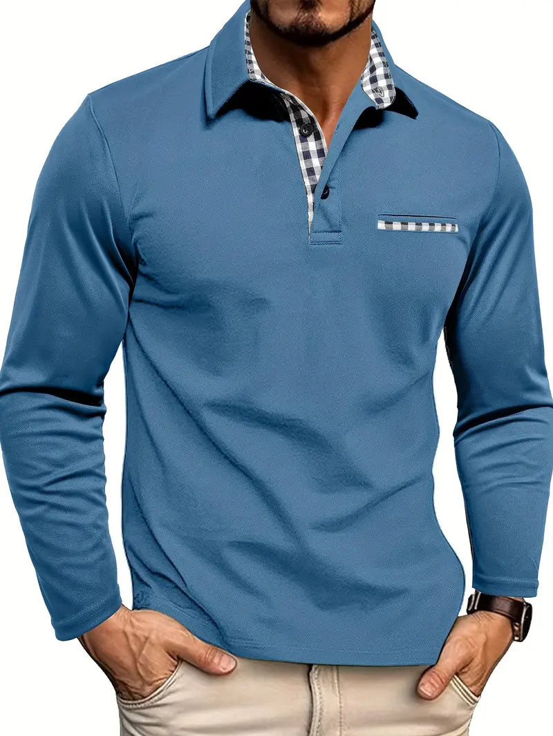 Men's Check Pattern Long Sleeve Polo Shirt - Relaxed Fit