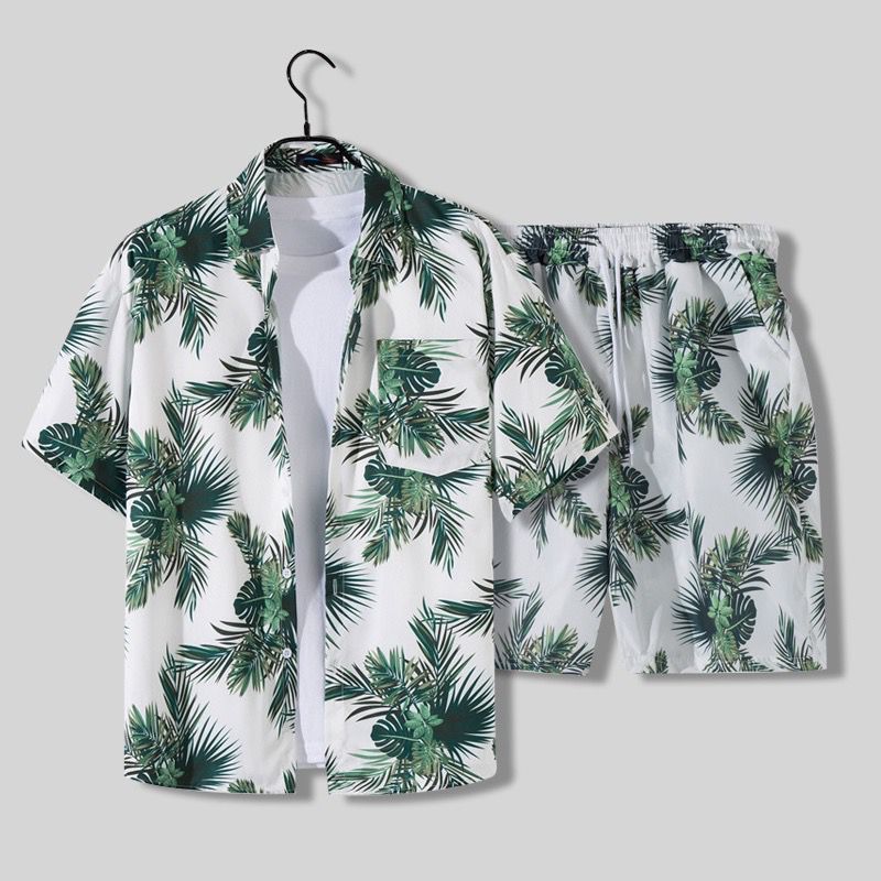 Men's Palm Print Shirt and Shorts Set - Summer Casual