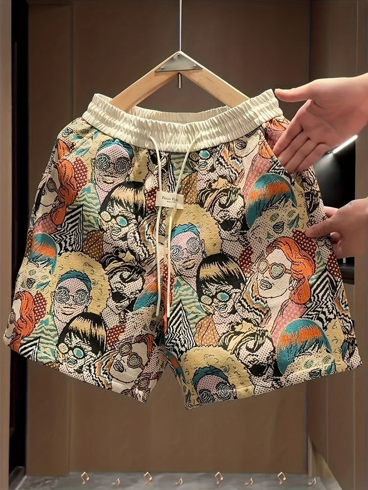 Men's Graphic Print Shorts - All-Over Comic - Summer Casual
