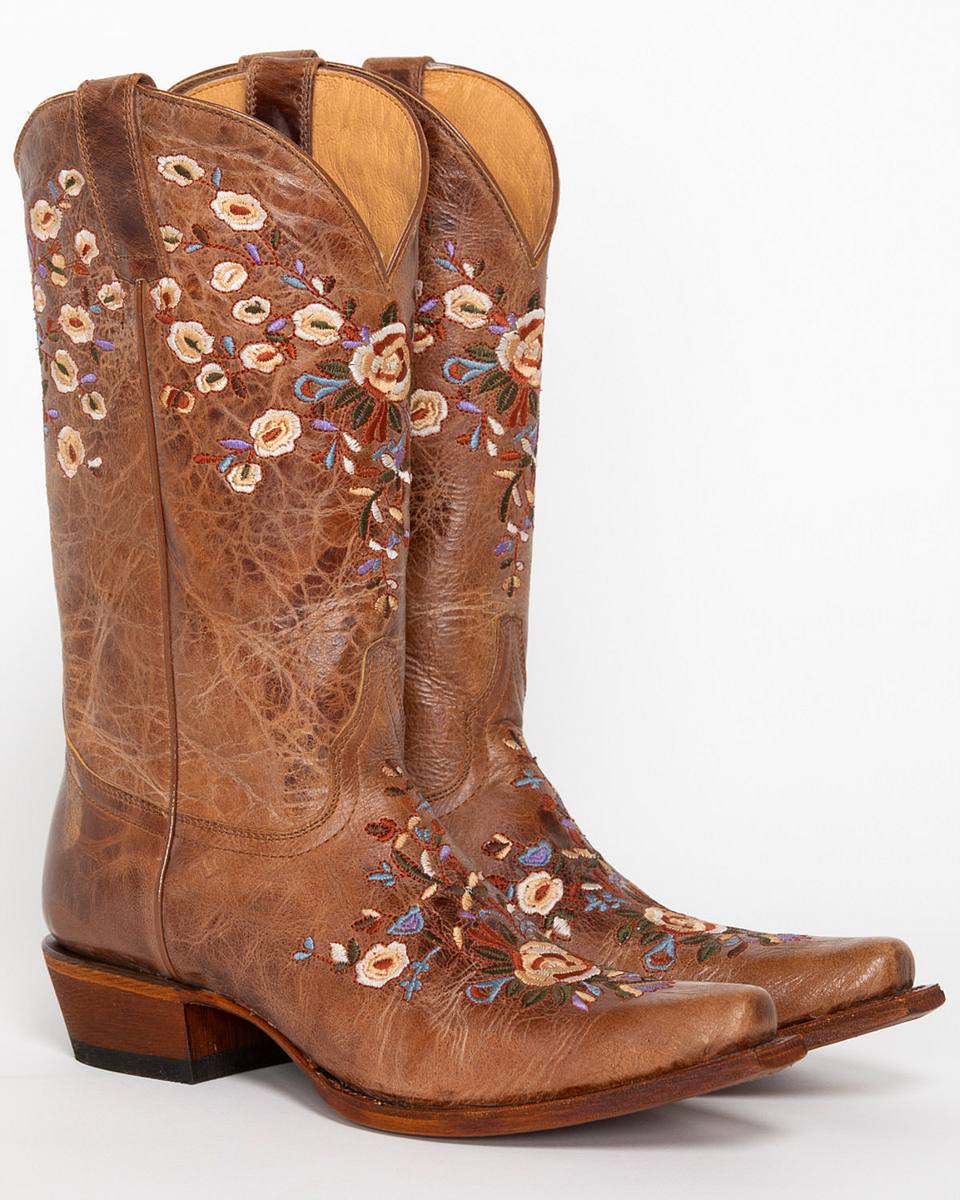 Women's Maisie Floral Embroidered Western Leather Boots - Snip Toe