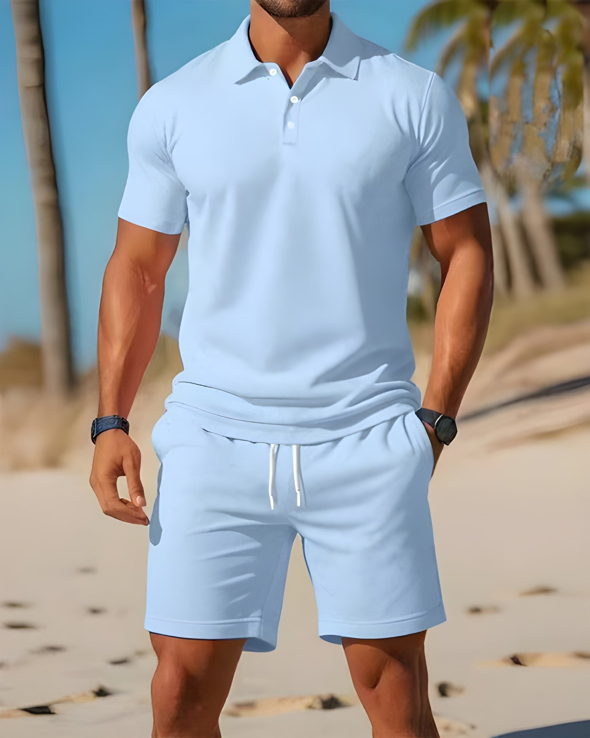 Men's Striped Polo Shirt and Shorts Set - Summer Casual