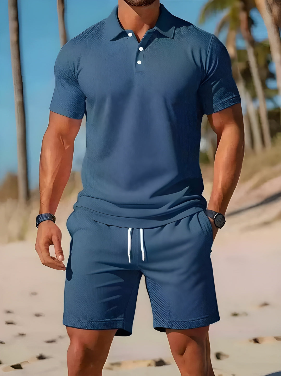 Men's Striped Polo Shirt and Shorts Set - Summer Casual