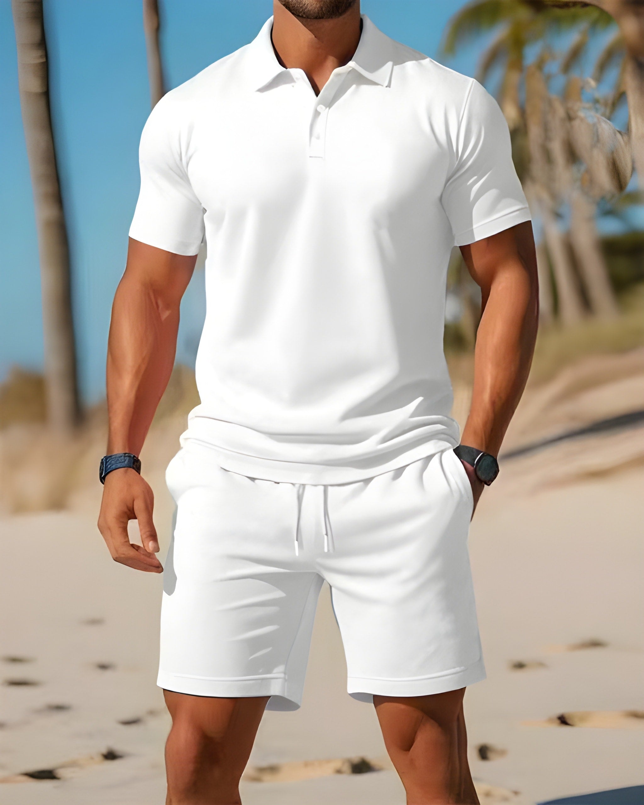 Men's Striped Polo Shirt and Shorts Set - Summer Casual