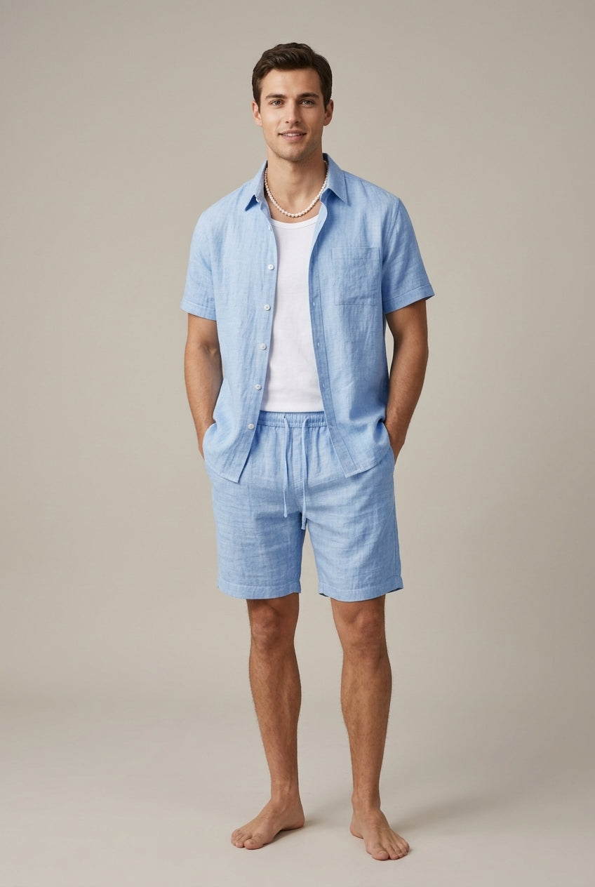 Men's Linen Blend Shirt and Shorts Set - Summer Casual