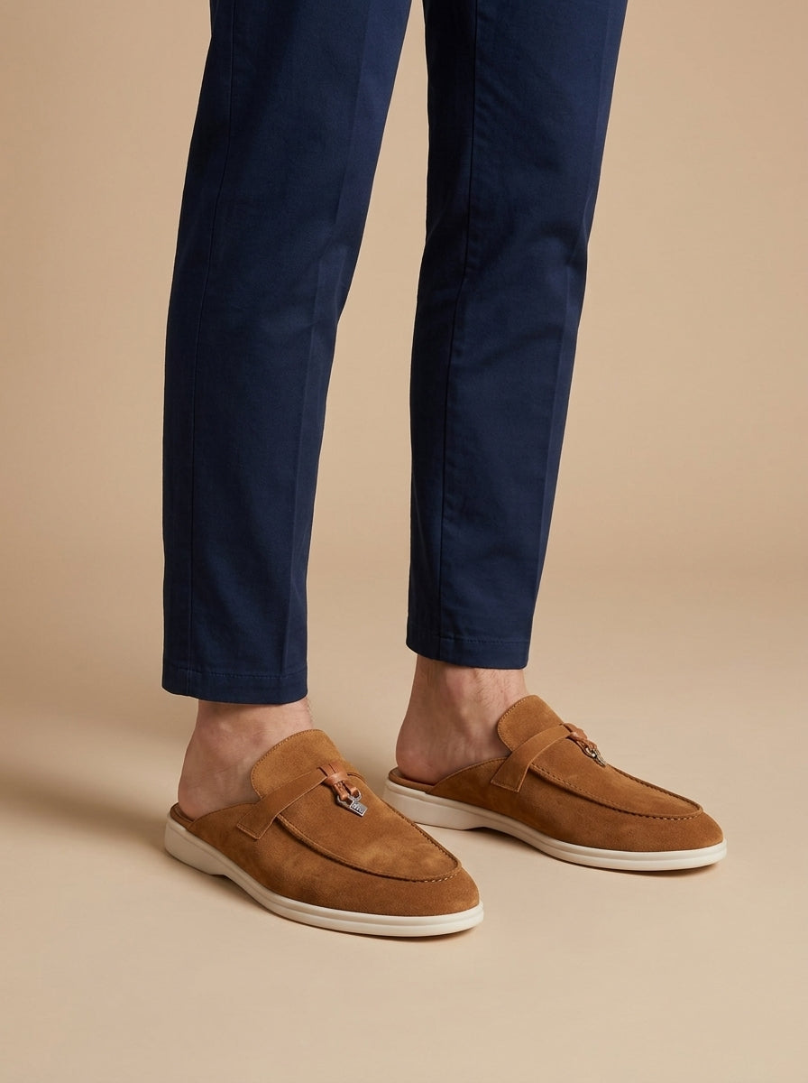 Men's Suede Mule Loafers - Open Back - Flat Sole