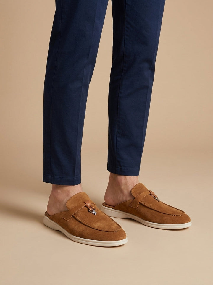 Men's Suede Mule Loafers - Open Back - Flat Sole