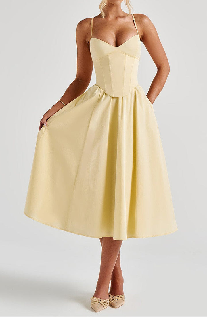 Women's A-Line Midi Dress - Structured Bodice with Side Pockets