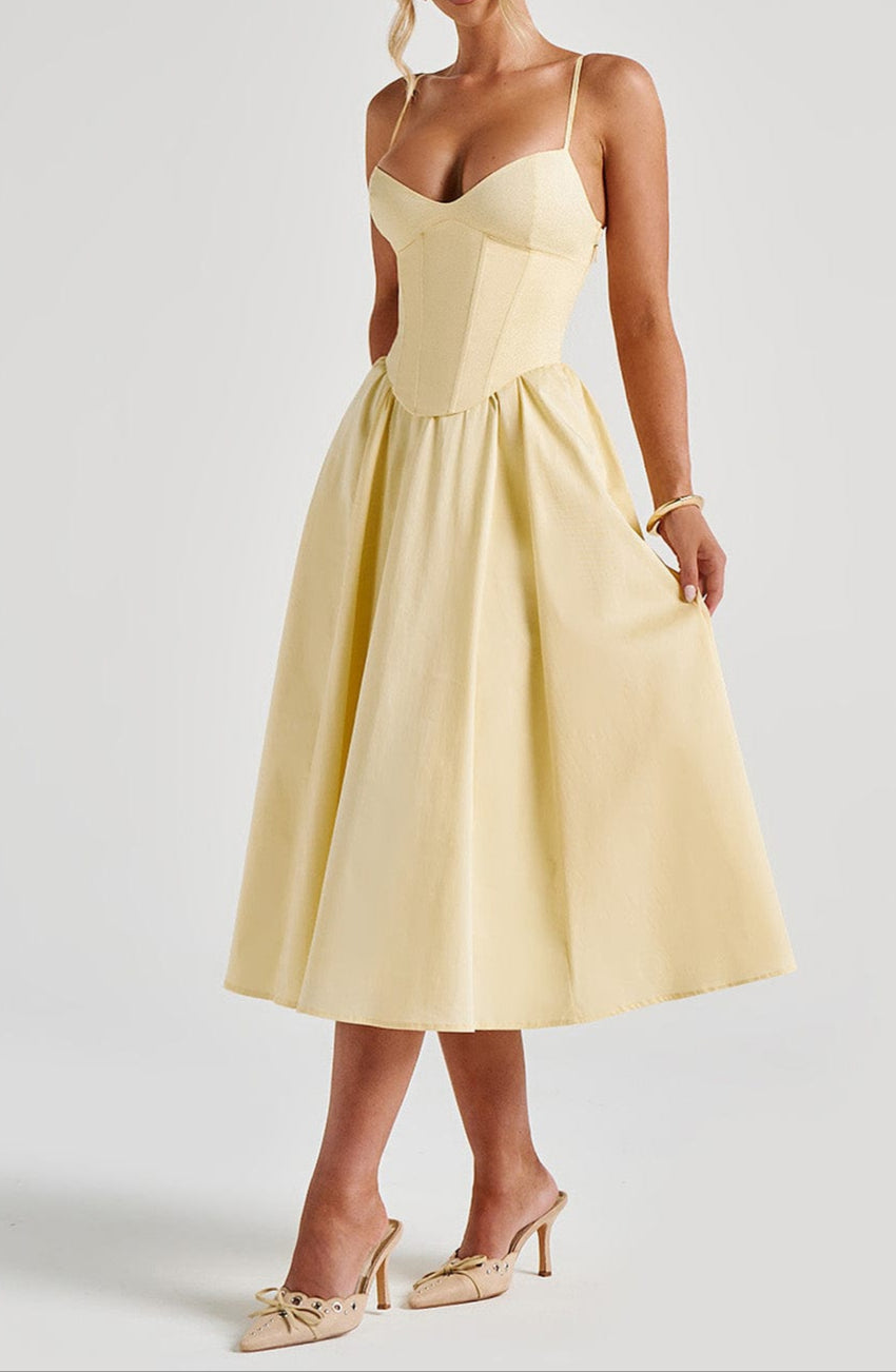 Women's A-Line Midi Dress - Structured Bodice with Side Pockets