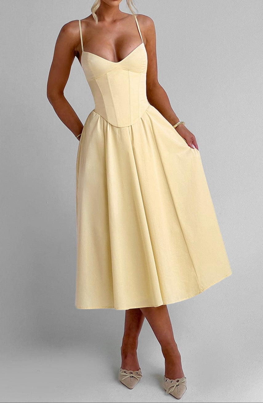 Women's A-Line Midi Dress - Structured Bodice with Side Pockets