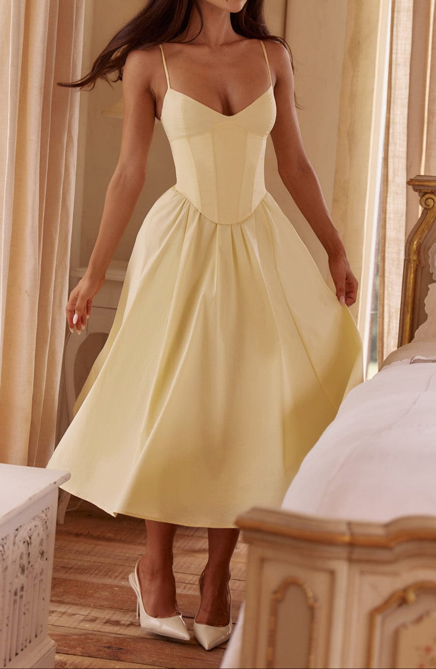Women's A-Line Midi Dress - Structured Bodice with Side Pockets
