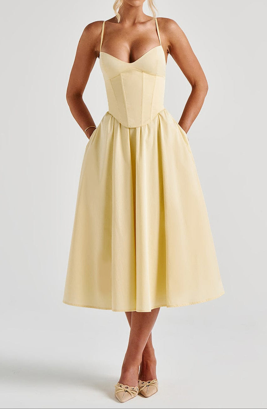 Women's A-Line Midi Dress - Structured Bodice with Side Pockets