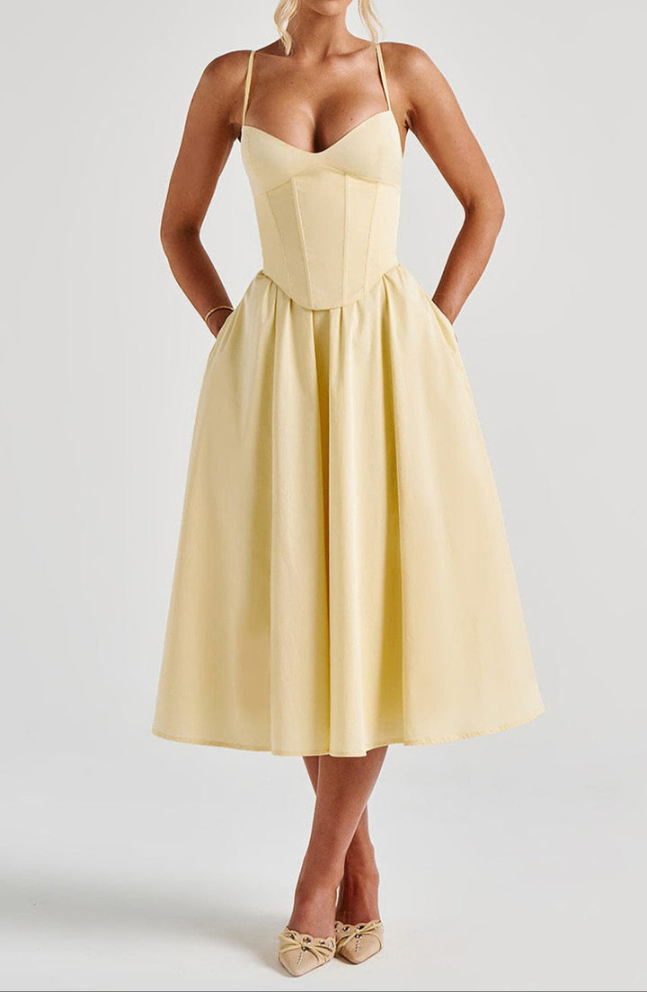 Women's A-Line Midi Dress - Structured Bodice with Side Pockets