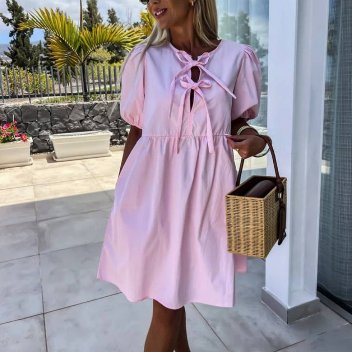 Women's A-Line Dress with Puff Sleeves - Casual