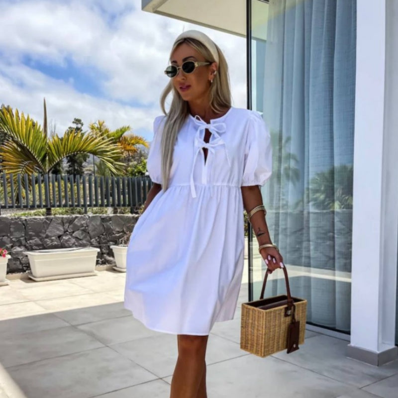 Women's A-Line Dress with Puff Sleeves - Casual